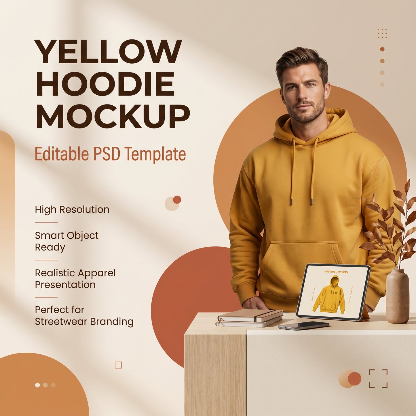 Handsome attractive European muscular man in Yellow hoodie mockup